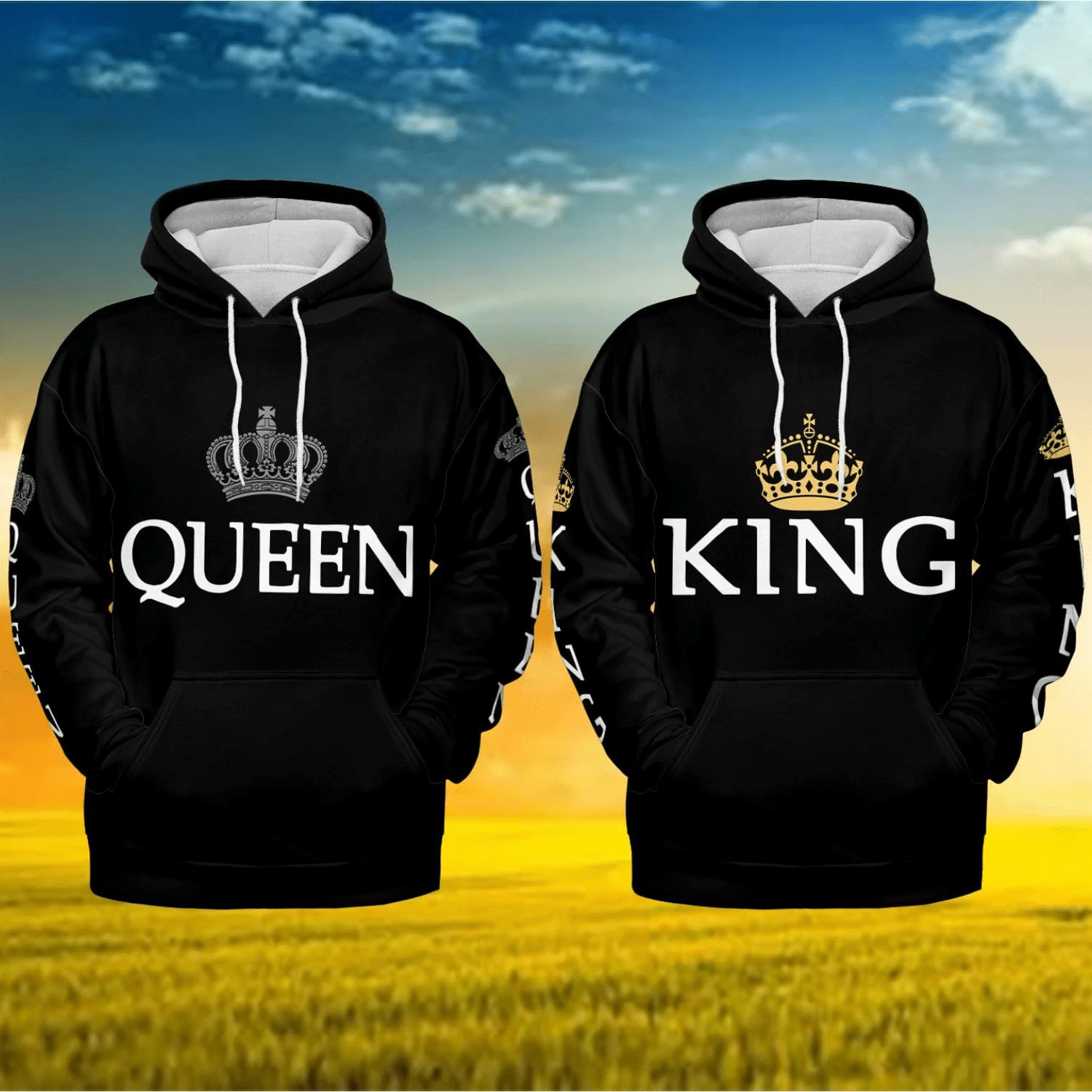 Simple King And Queen Black Hoodie 3D All Over Print