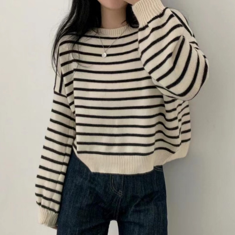 Cropped Back Single Breasted Sweater Sueter Mujer Vintage Button O Neck Striped Pullover Sweater Y2k Knitted Tops Women alx