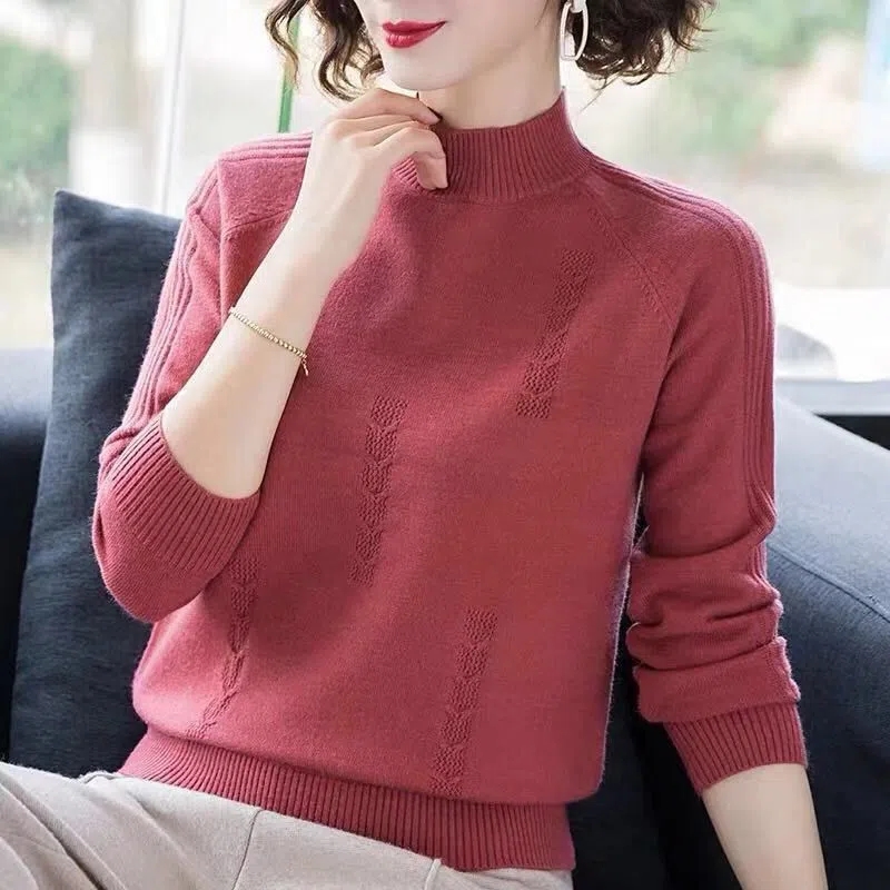 Sweater Women Elegant Mock Neck Soft Top Long Sleeve Solid Color Loose Casual Jumper Mom Cloth Autumn and Winter Dropshipping alx