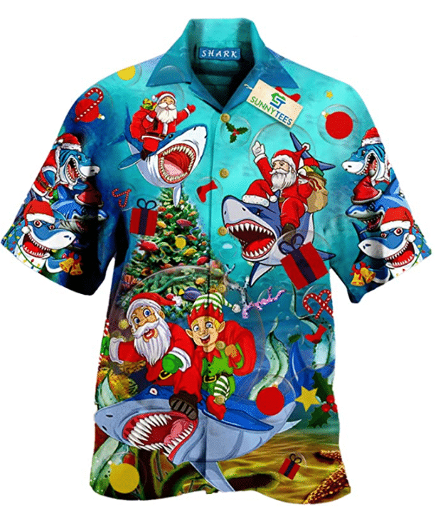 Christmas Hawaii Santa Rides Sharks To Button Up Shirt For Men Ha23824