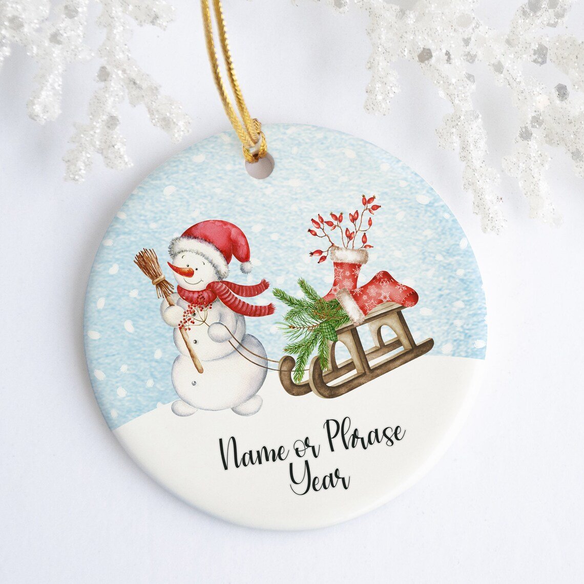 Snowman Personalized Ornament Ceramic Porcelain Holiday Ornament Christmas Name Year Custom Ornament Sled Stocking