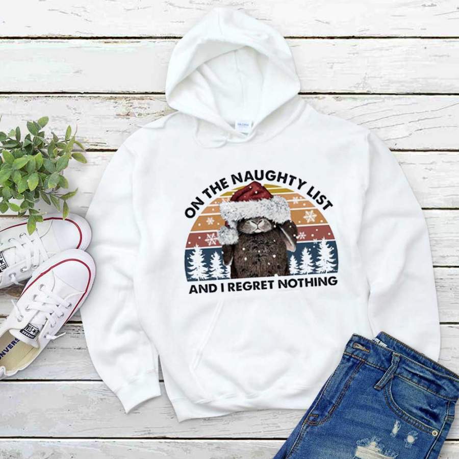 Rabbit merry christmas naughty list i regret nothing santa hat snowflakes white hoodie for men and women S-5XL