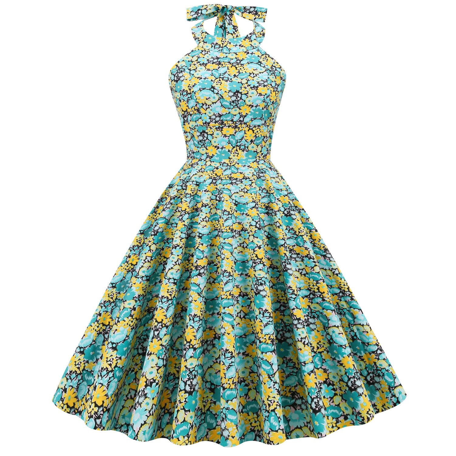 Women Vintage Halterneck Dress Floral Retro Rockabilly Plaid Cocktail Party 1950s 40S Swing Dress Summer Dress Casual Dress alx