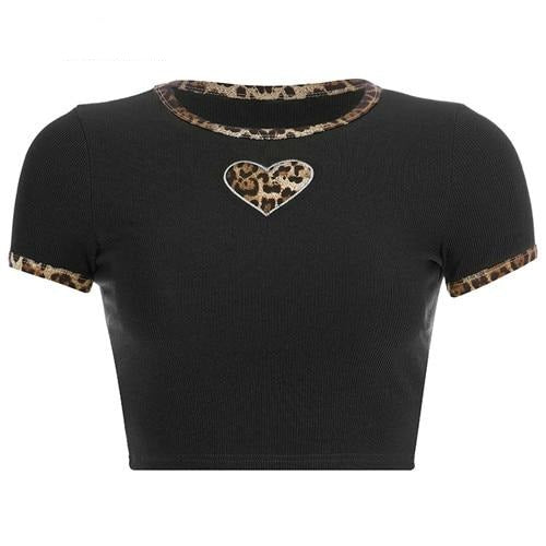 Patchwork Leopard Cute Crop Top O-Neck Short Sleeve Tees