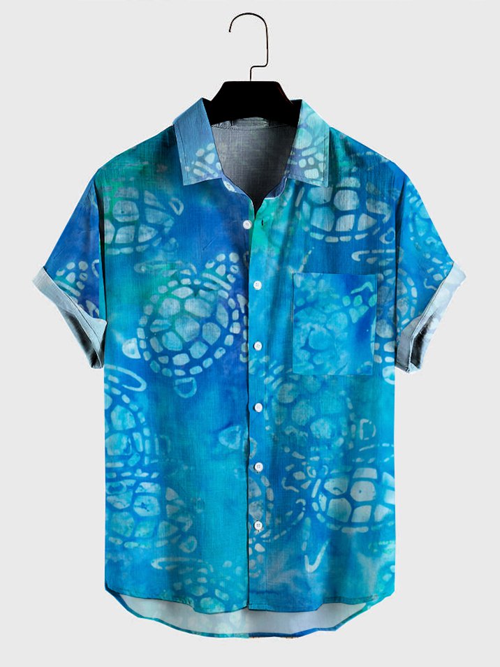 Mens Sea Turtles Print Casual Breathable Chest Pockets Short Sleeve Hawaii Shirts Ha17359