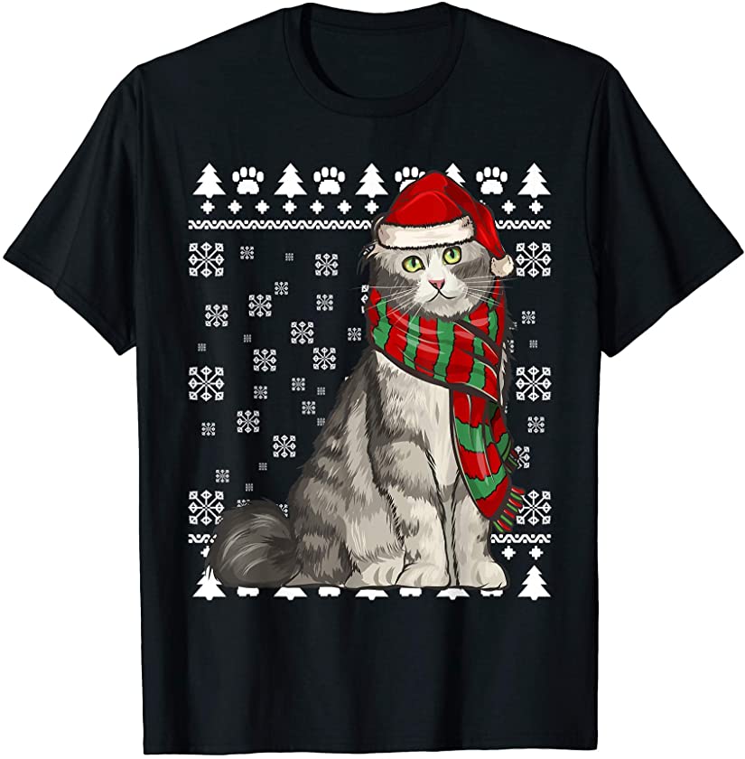 American Curl Cat Santa Hat Xmas Ugly Christmas T-Shirt