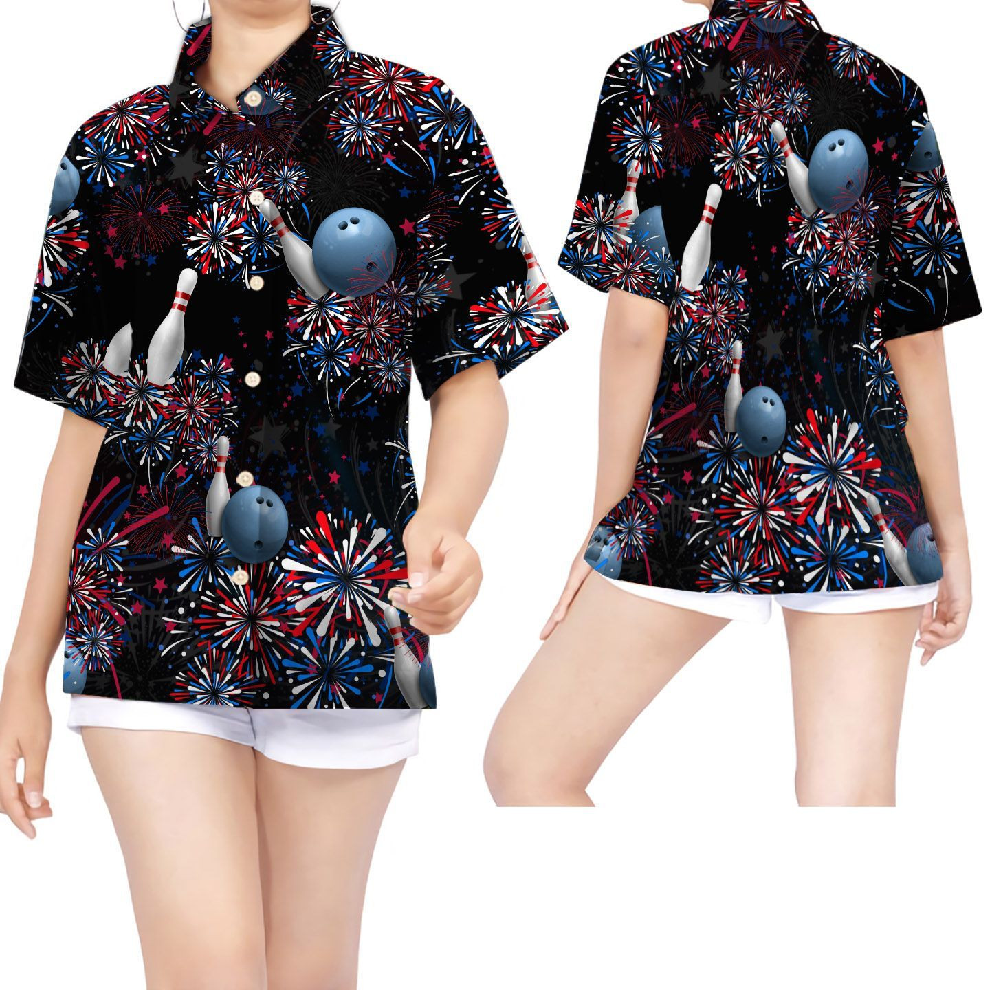 Bowling American Independence Day 4Th Of July Fireworks Women Hawaiian Shirt – Gift For Bowling Players