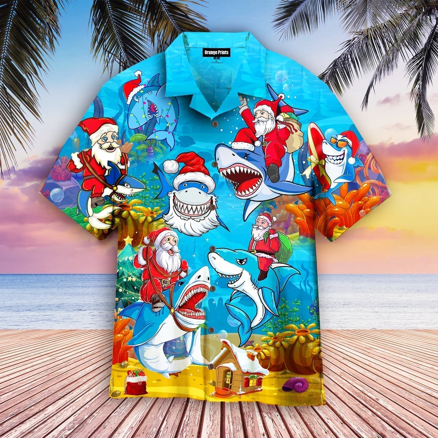 Christmas Santa Shark Santa Sled Brings Gifts To Ocean Funny Light Blue Aloha Hawaiian Shirts – Funny Hawaiian Shirts – Mens Aloha Shirt