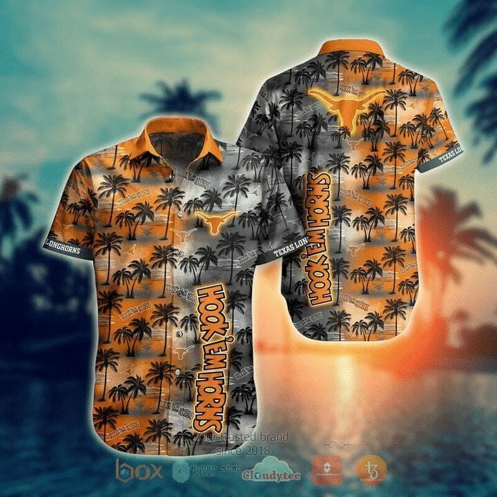 NCAA Texas Longhorns Coconut Tree Orange Grey Hawaiian Shirt