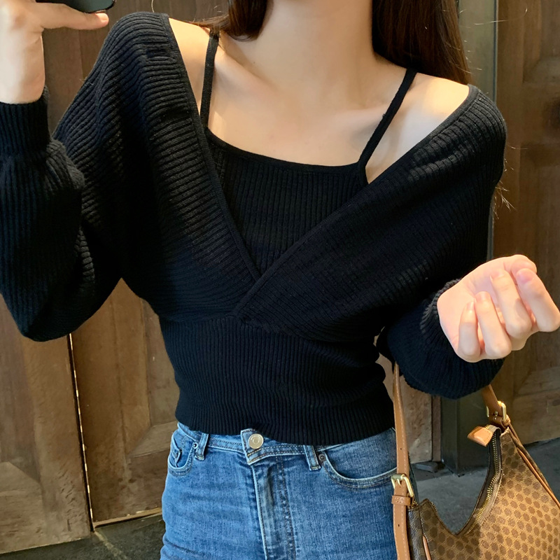 Tonngirls Vintage Fake Two-piece T-shirt Long Sleeve Halter Black Tops Knit Slim Sweater Tops Women Autumn Sexy Female Tee Tops alx