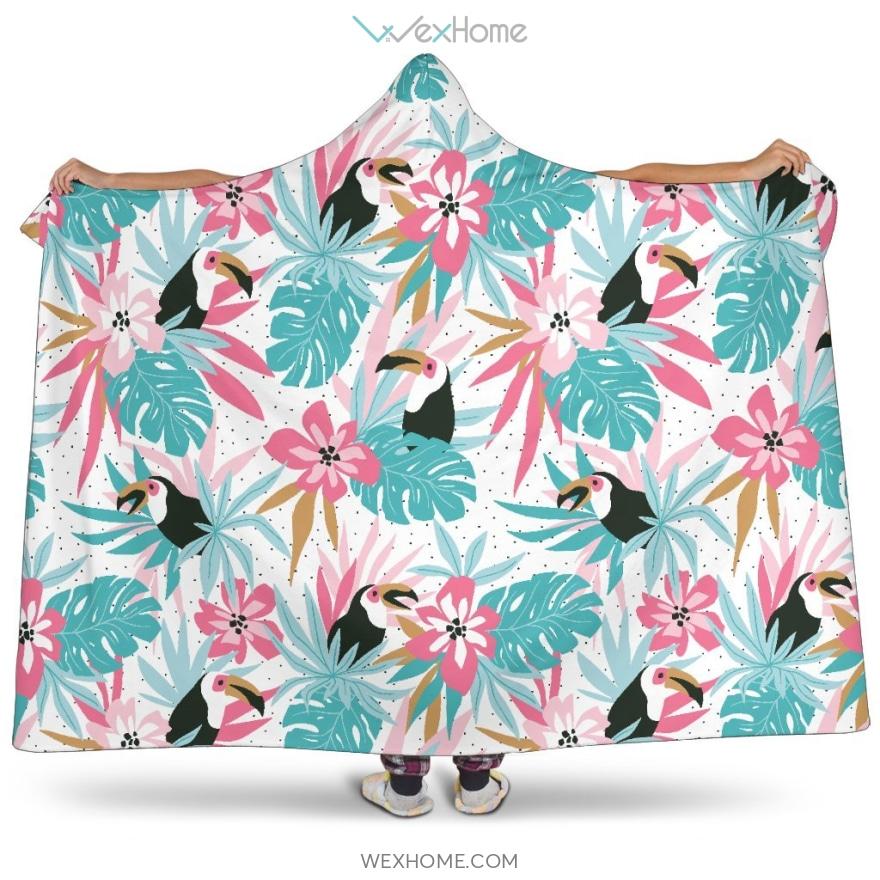 Toucan Tropical Flower Leave Pattern Hooded Blanket