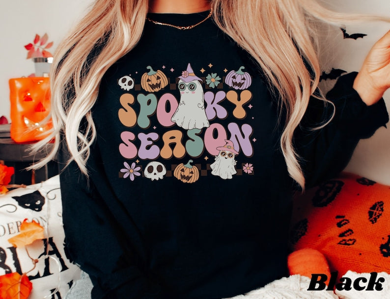 Spooky Season Halloween Sweatshirt, Cute Pastel Halloween Crewneck Sweatshirt All Over Print Sweatshirt For Women Sweatshirt For Men