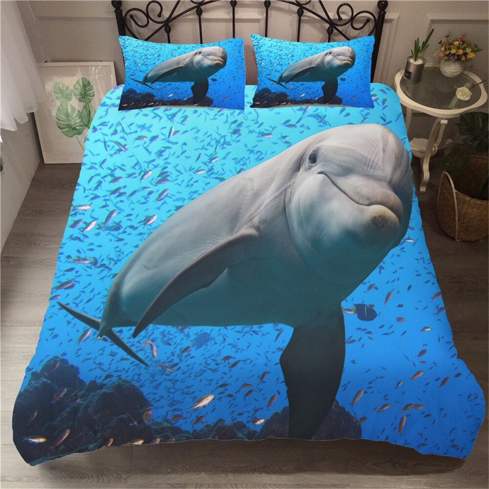 3D Marine Life Bedding Set Lovely Blue Dolphin Duvet Covered & Teen Luxury Bedding Full Queen Size