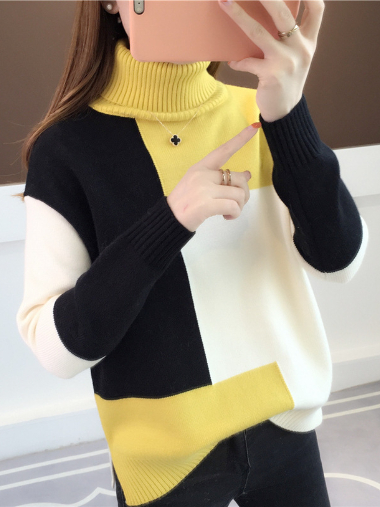 2022 Autumn Winter Women’s Korean Fashion Style Contrast Color Loose Turtleneck Sweater Leisure Tops Sweater Women Pullover alx