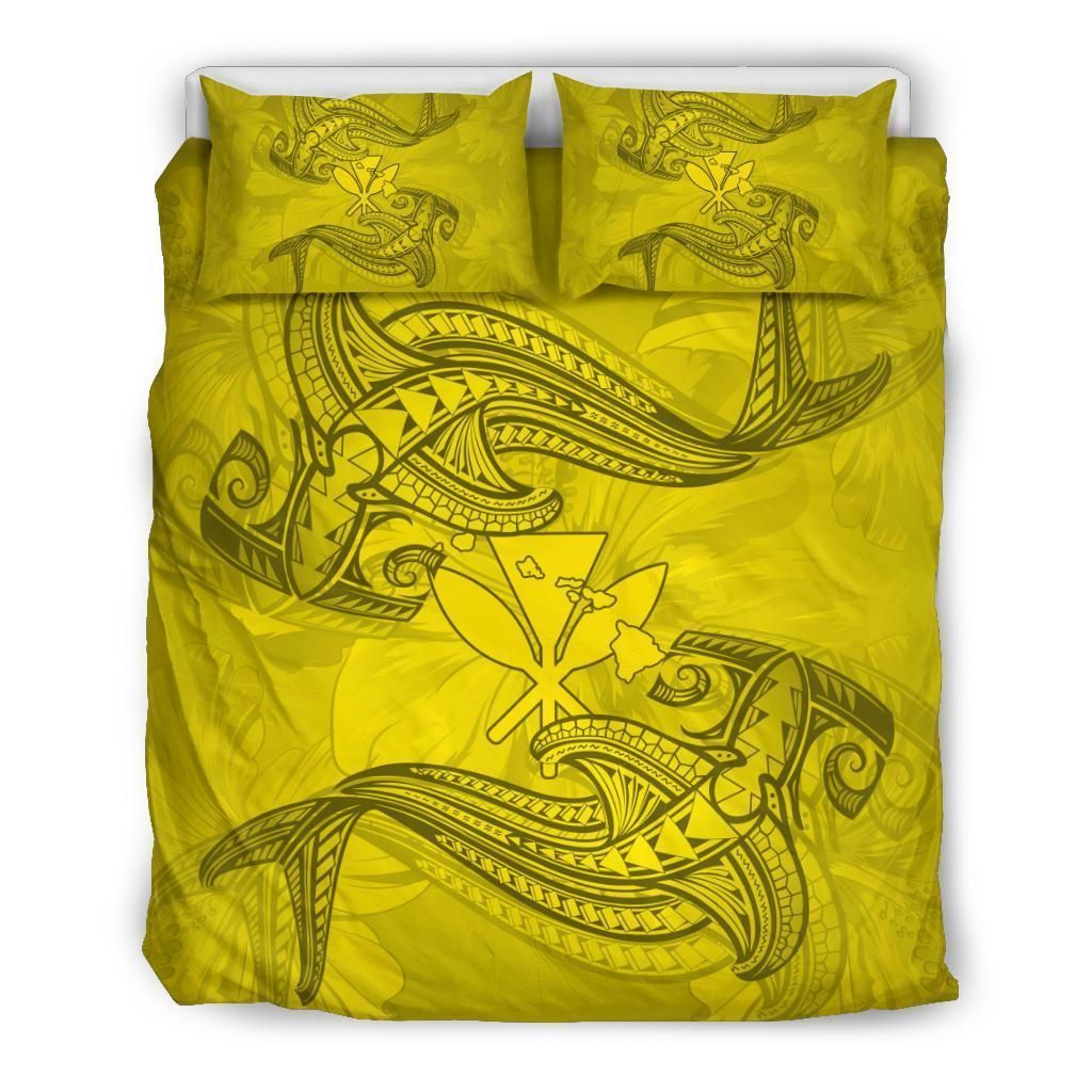 Alohawaii Bedding Set – Cover And Pillow Cases Hawaiian Map Kanaka Hammerhead Shark Polynesian Yellow – Ah – J7