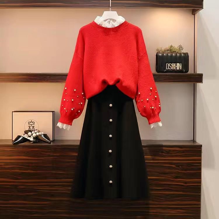 2022 Autumn Winter Sweaters Skirts Suits Beading Knitted Pullover Tops +Mesh Skirts Sets Clothing Set Y316 alx