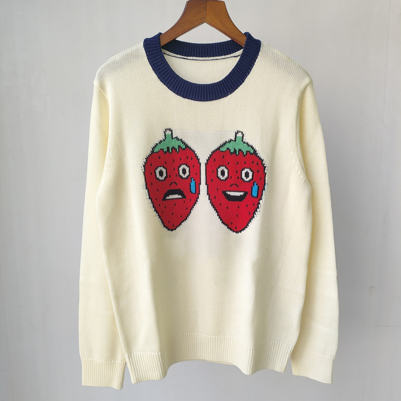 Strawberry Letter Jacquard Pullover Knitted Top Women Wool Temperament Elegant Commuter Sweater Long-Sleeved 2022 Autumn New alx