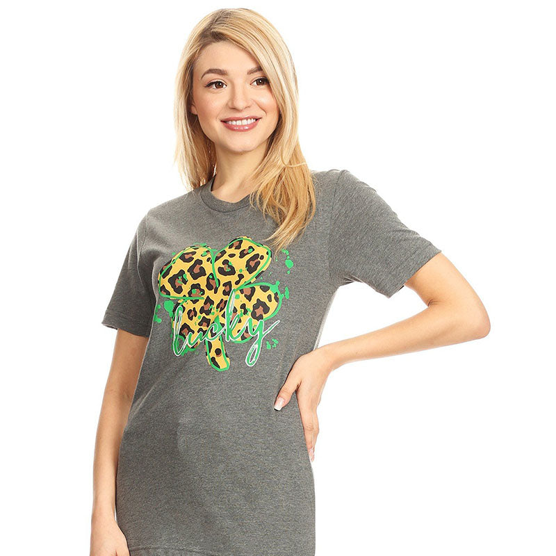 Bjaxx Lucky & Blessed Leopard Clover Irish Front Print T-Shirt