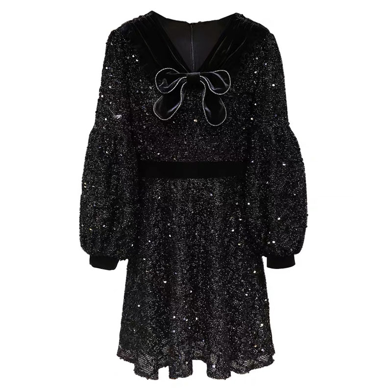 ZALady vintage Sequins mini dress autumn long sleeve bow black velvet elegant Aesthetic A-line Partywear women dresses vestidos alx