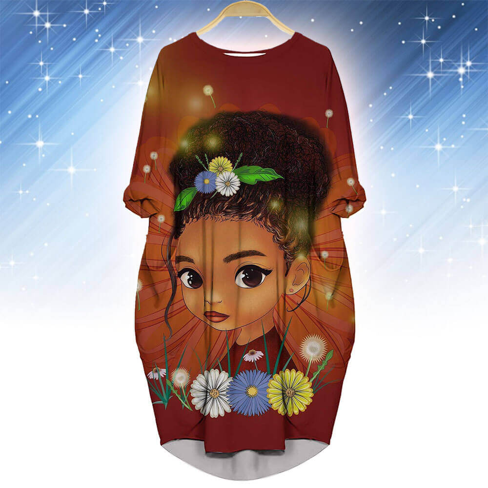 African Print Dresses Pretty Melanin Girl Long Sleeve Pocket Dress Afrocentric Clothing WBG50084