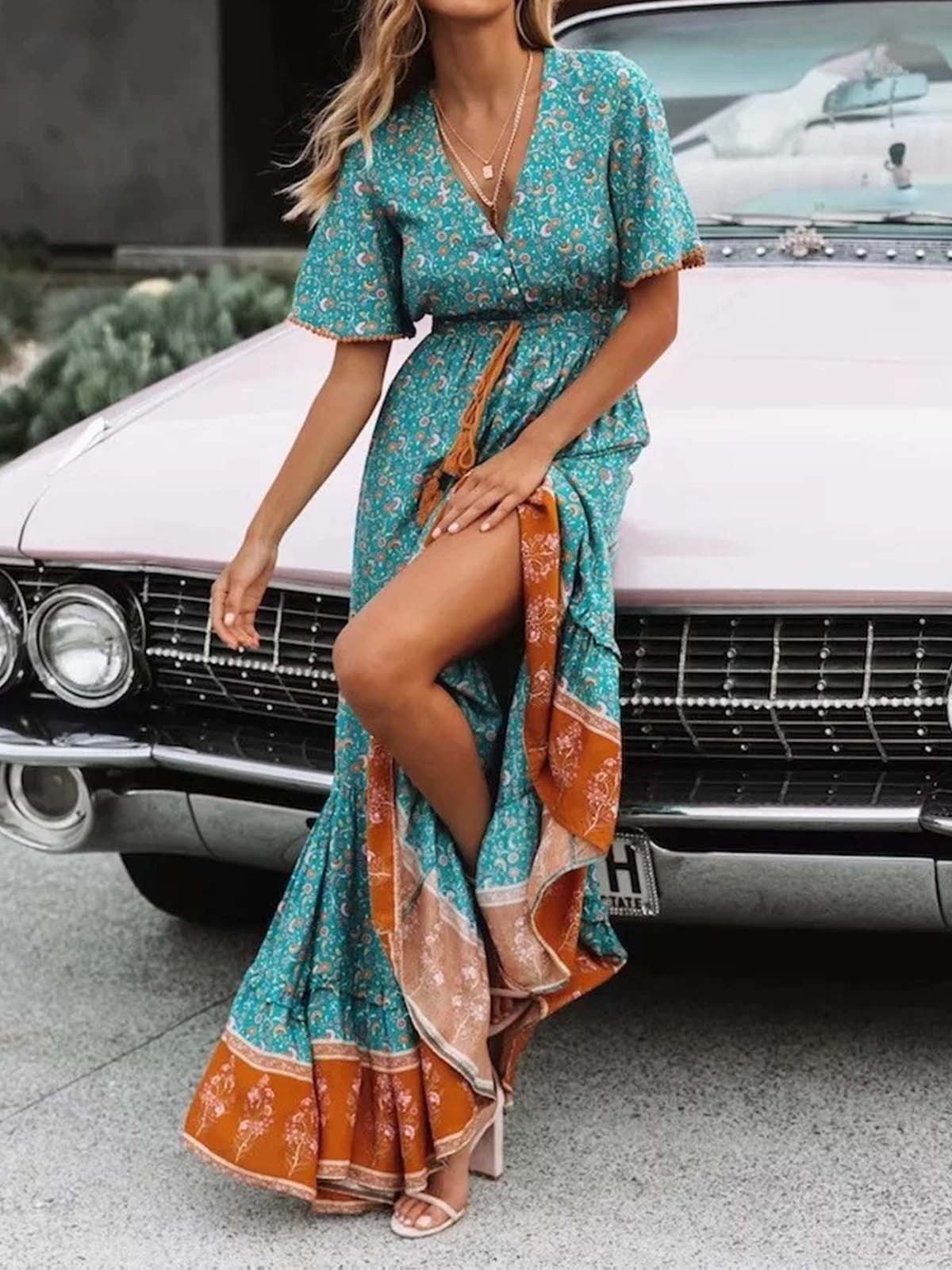 Bohemian Swing V-Neck Beach Resort Lace-Up Print Dress
