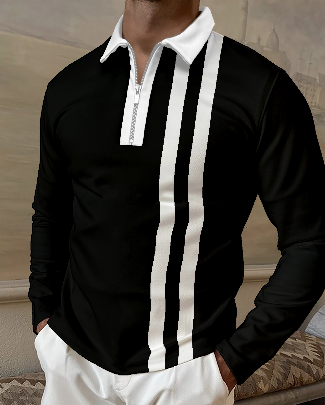 Parallel Bar Stripe Long Sleeve Polo Shirt