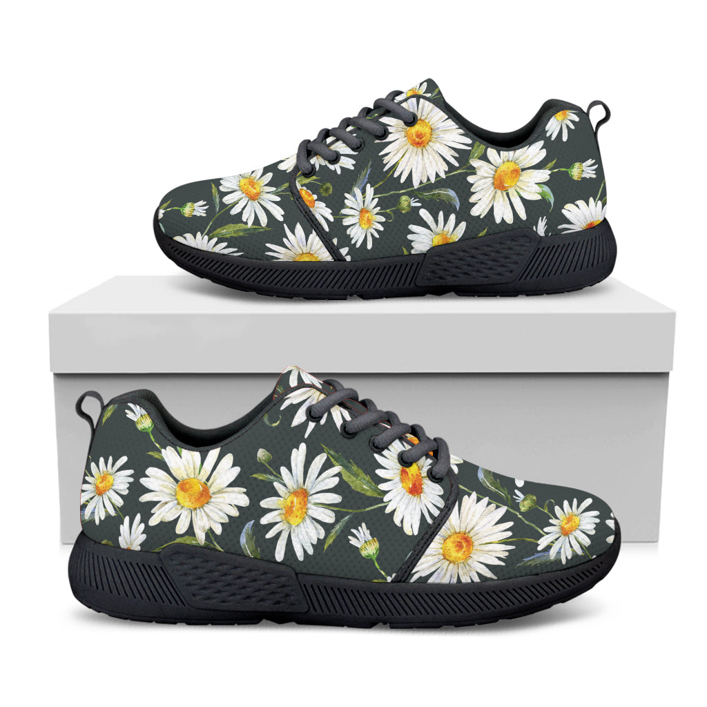 Watercolor Daisy Flower Pattern Print Black Athletic Shoes