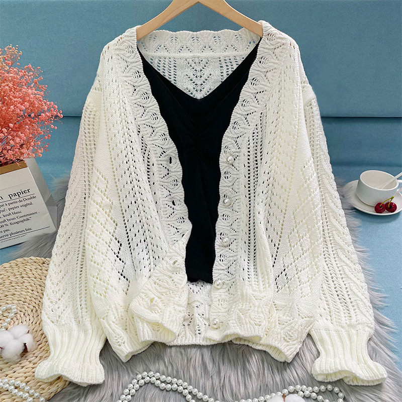 Cardigan Women’s Spring Pearl Button Top Thin Ice Silk Loose Hollow Sweater Knitted Sunscreen Jacket Summer Shirt Coat h1912 alx