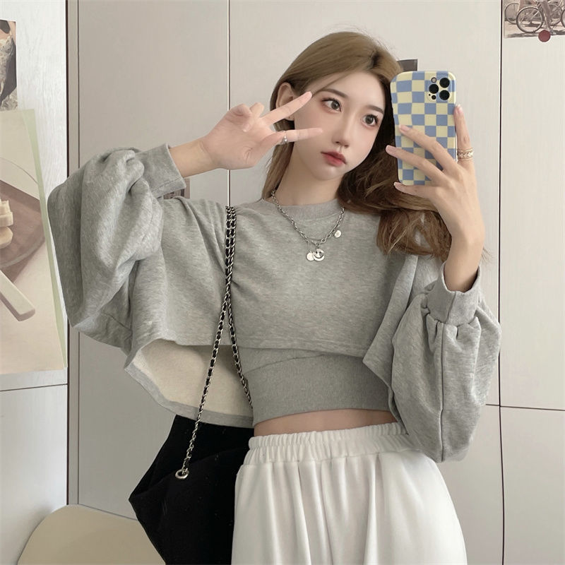 Autumn Two Piece Suit Hoodies Women Korean Loose Bat Sleeve Tops Fashion Popular Crop Sweatshirts+Camis Female alx