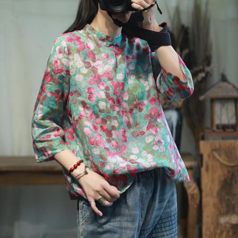 2022 Spring Summer New Arts Style Women 3/4 Sleeve Loose Blouse Female Tops Stand Collar Vintage Print Casual Shirts C54 alx