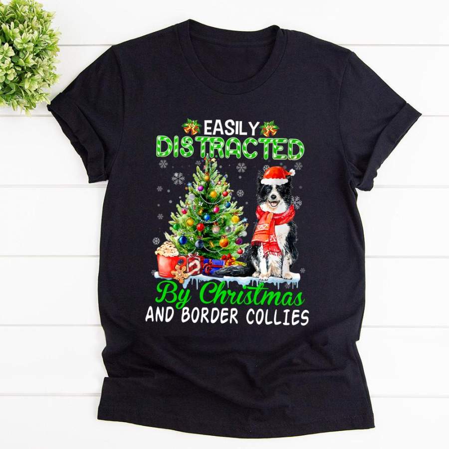 Border collies christmas easily distracted by christmas and border collies dog candy cane black cotton t shirt for men and women S-6XL