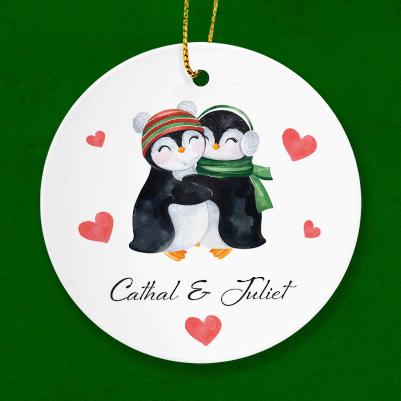 Couple Penguins Christmas Customized Name Ornament