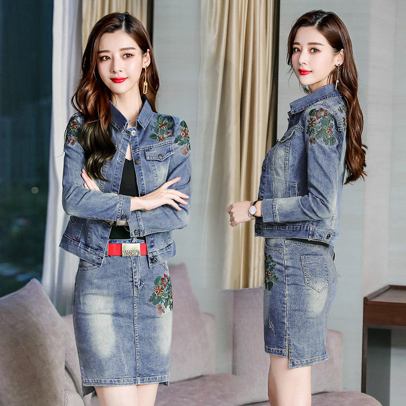 Women Embroidery Flower Denim Jacket + Jeans Skirt 2pcs Clothing Sets Spring Casual Package Hip Mini Denim Skirts Suits E275 alx