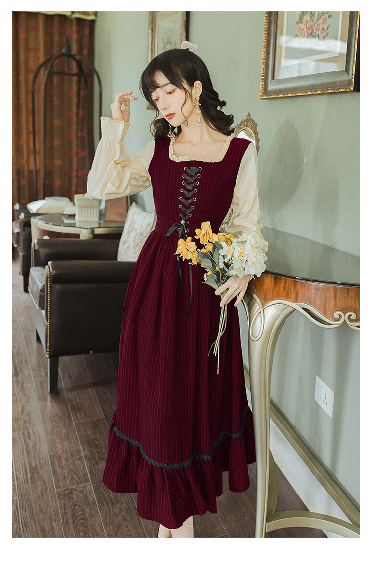 2021 Autumn Winter New Arrival High Quality Retro Princess Style Square Collar Hot Sale Women Long Cotton Dress alx