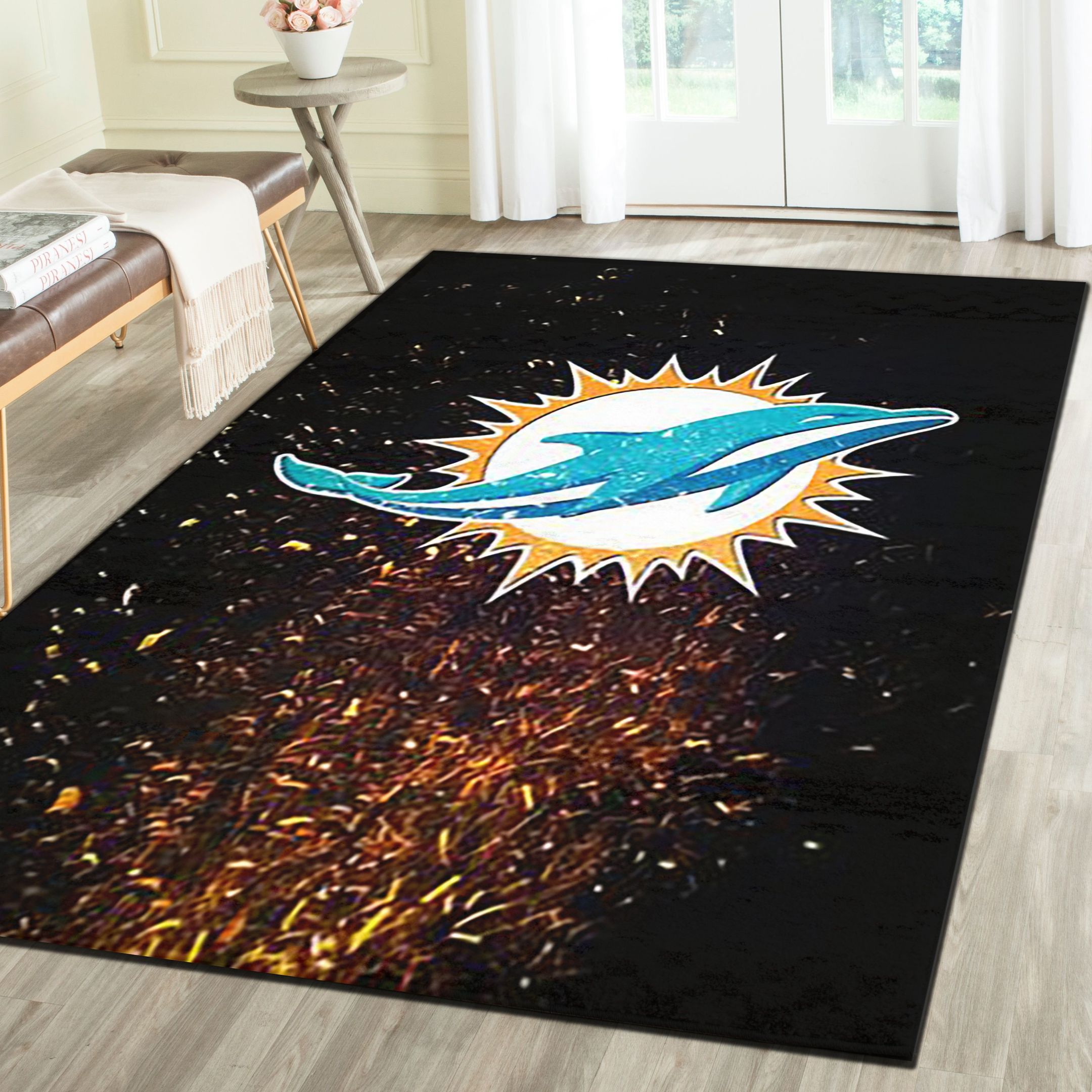 Miami Dolphins Area Rug, Football Team Living Room Carpet, Man Cave Floor Mat