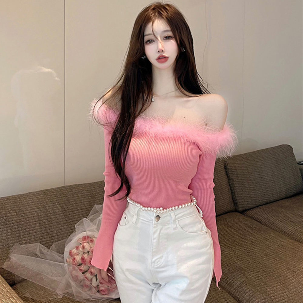 Women’s Off Shoulder Sexy Sweater Fluffy Fur Stitching Slash neck Long sleeve Knit Bottom Sweaters Top Ladies Club Tops alx