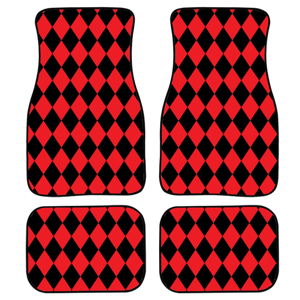 Red And Black Harlequin Pattern Print Front And Back Car Floor Mats, Front Car Mat