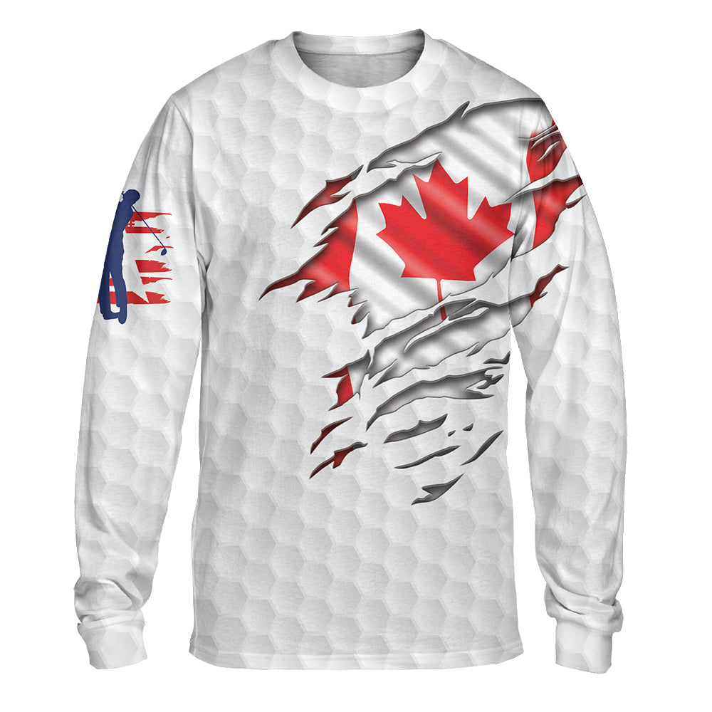 Golf Canada Flag All Over Print Long Sleeve T-Shirt, White Golf Shirt For Canadian Lovers, Basic Golf T-Shirt