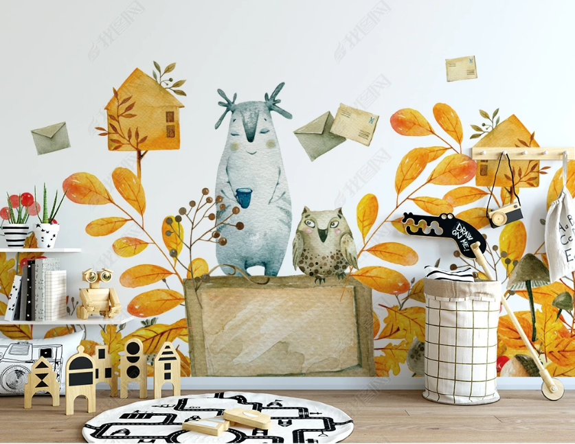 3D Autumn Leaf Animal Owl Wall Mural Wallpaper Lqh 42