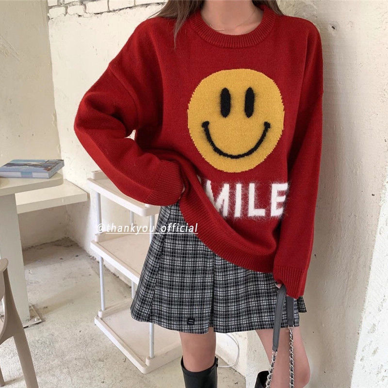 Smiling face lazy pullover sweater y2k women’s autumn and winter fashion age reduction round neck bottoming sweater 2021 alx