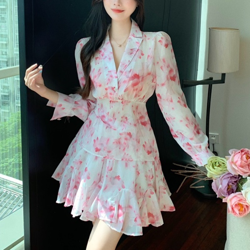 Sweet Chiffon 2 Piece Set Women Long Sleeve Shirts Tops + High Waist Skirts Sets Fashion Casual Floral Print Two Piece Suits alx