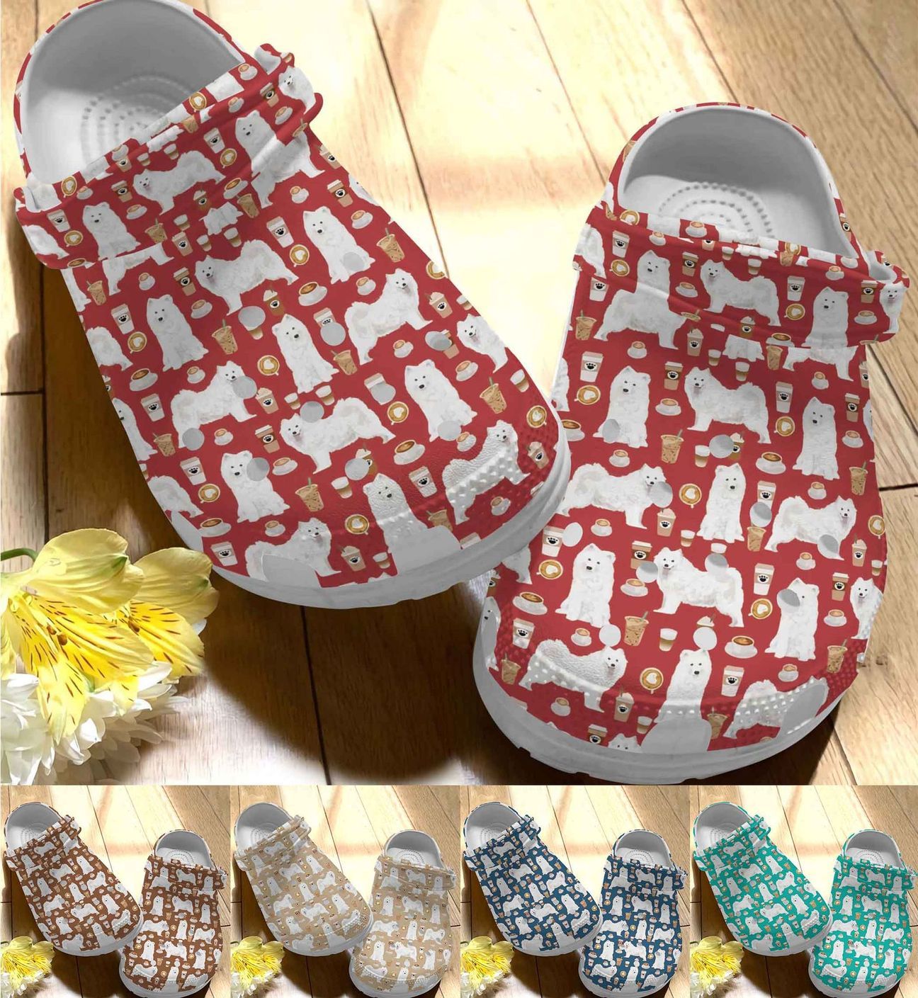 Samoyed Personalize Clog, Custom Name, Text, Fashion Style For Women, Men, Kid, Print 3D Whitesole Samoyed And Coffee