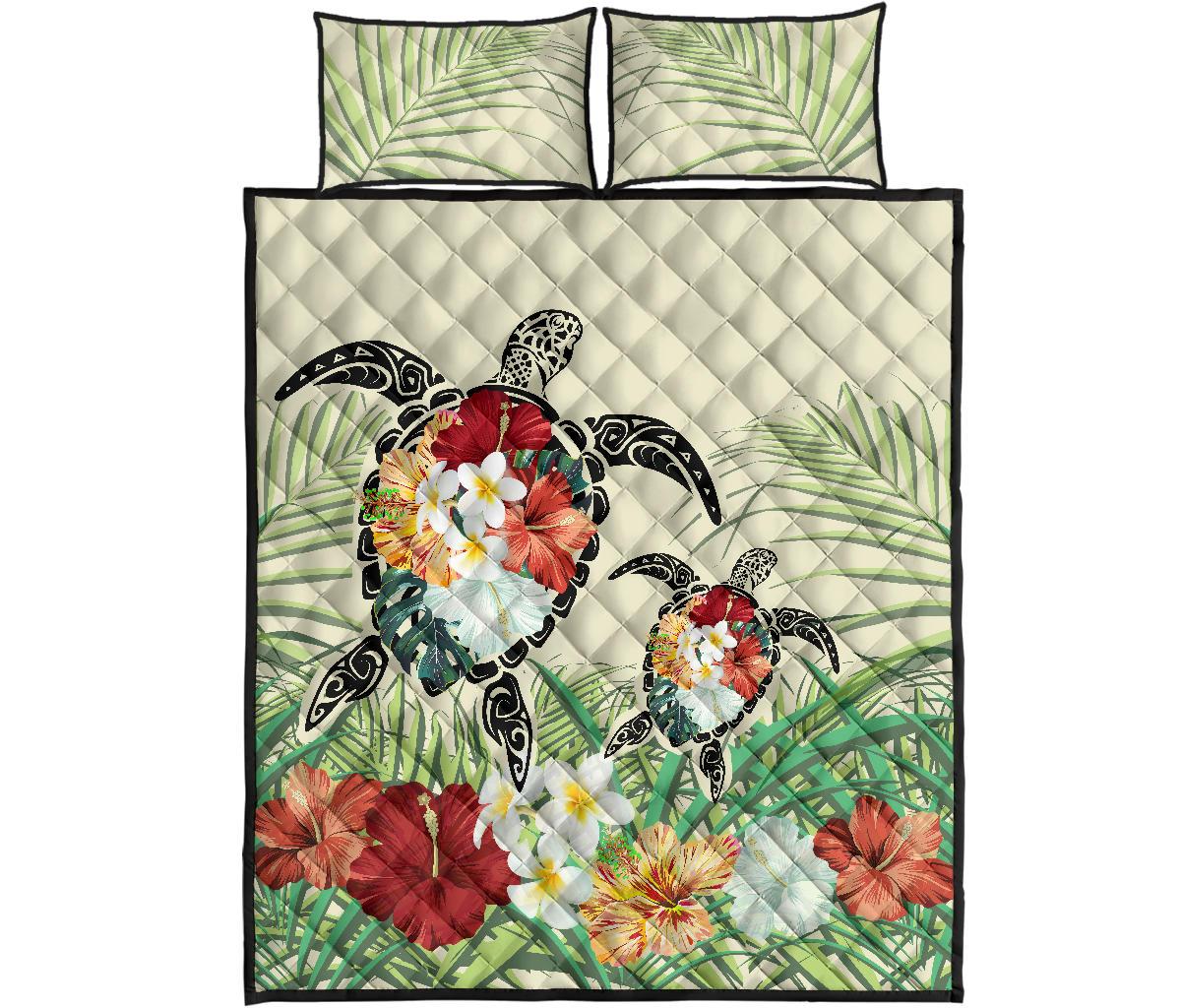 Hawaii Turtle Flowers Coconut Tree Leaf Quilt Bed Set – AH – J4