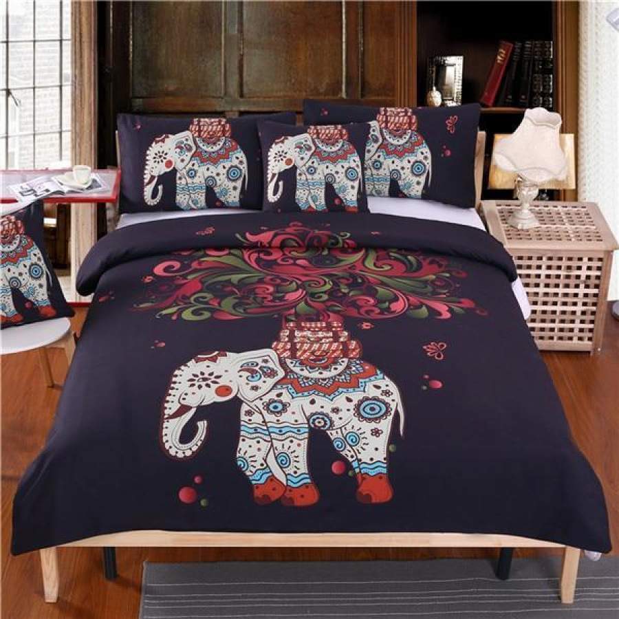 BohoIndian Elephant Black Printed BohemiaBedspread Twin Full Queen King Et 4Pcs 3D Customize Bedding Set Duvet Cover SetBedroom Set Bedlinen