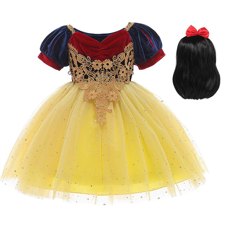 VOGUEON Puff Sleeve Luxury Snow White Princess Dress Girls Lace Sequins Velvet Costume for Kids Halloween Cosplay Vestido Tutu alx