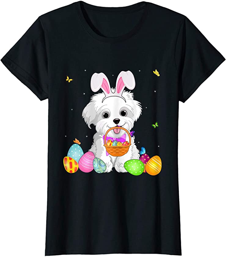 Womens Dog Mom Gift Cute Bunny Maltese Eggs Easter Day T-Shirt