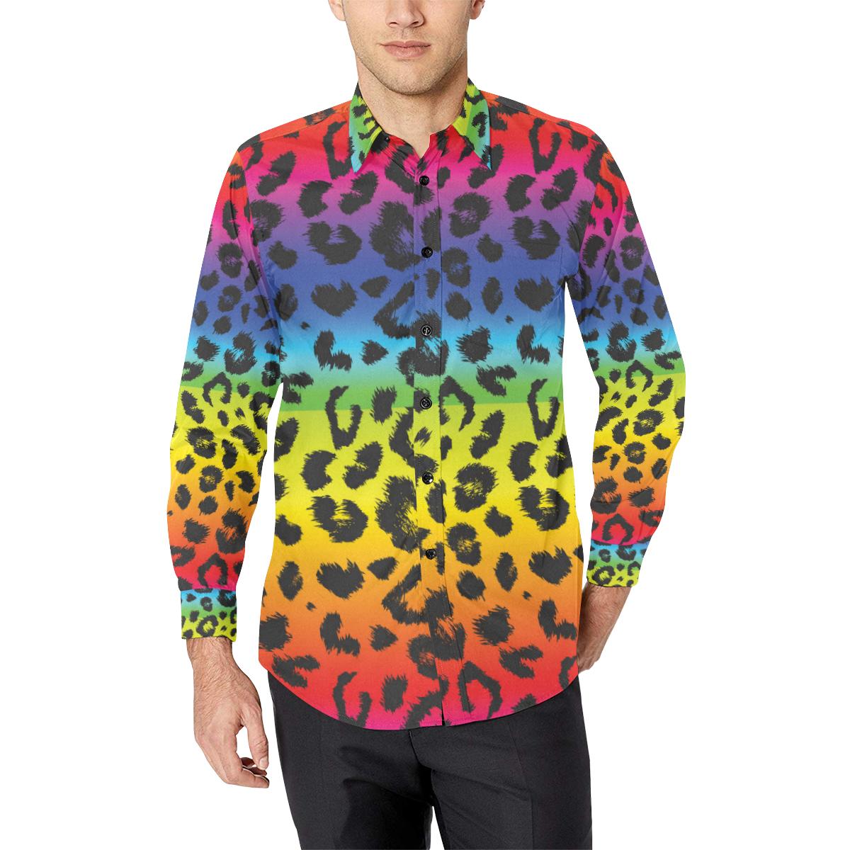 Rainbow Leopard Pattern Print Design A01 Long Sleeve Dress Shirt