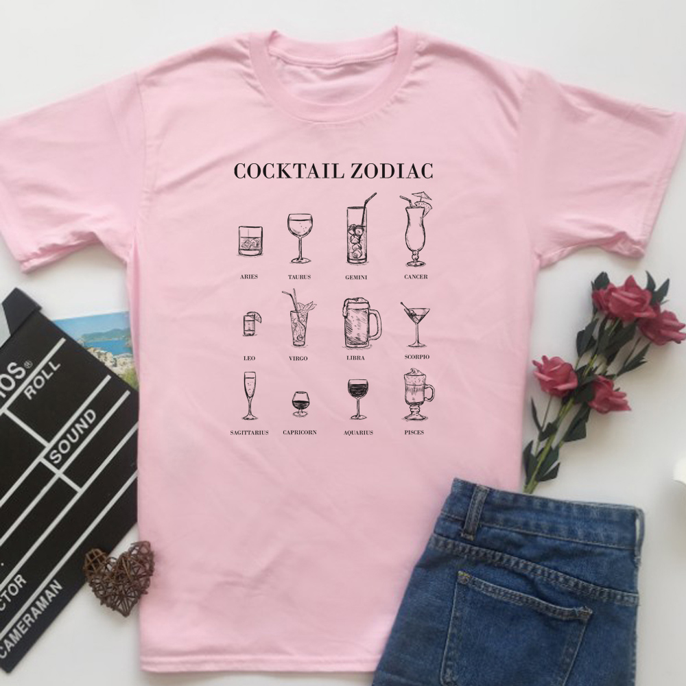 Cocktail Zodiac Women Funny T Shirts Hipster Alcohol T Shirt Cute Ladies Tops Graphic Tees Femme T-shirts Aesthetic Clothes alx