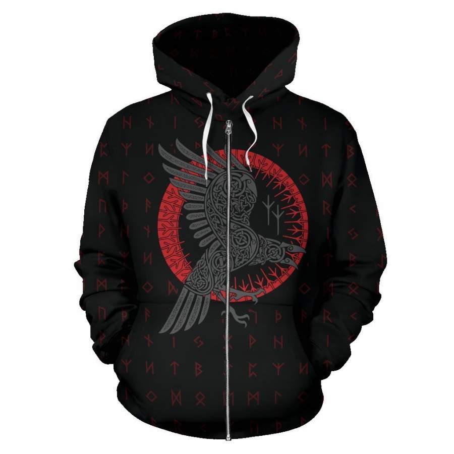 Viking Odin’s Raven Old Runes Style Zip-Up Hoodie A7