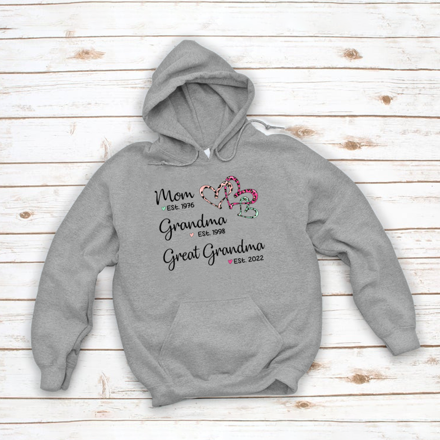 Mom Est Grandma Est Great Grandma Heart Leopard Hoodie